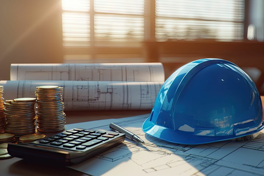 Helm, Rechner und Baupläne als Symbolbild für Kosten des SiGeKo